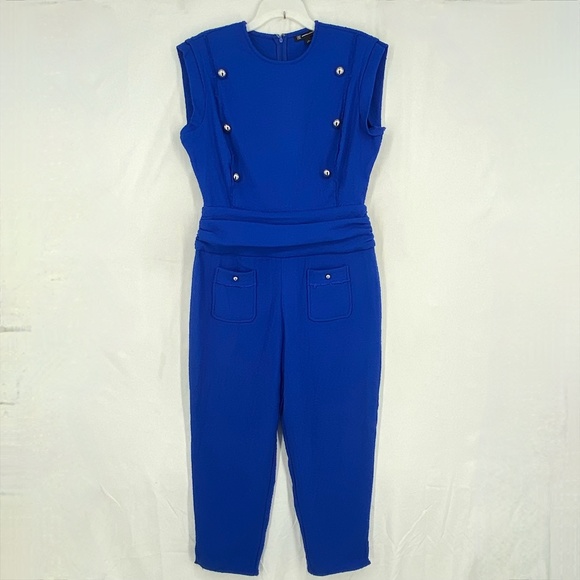 INC Womens Size 14 Cropped Leg Jumpsuit Cobalt Blue Boucle Silver Buttons Pocket - Picture 2 of 16